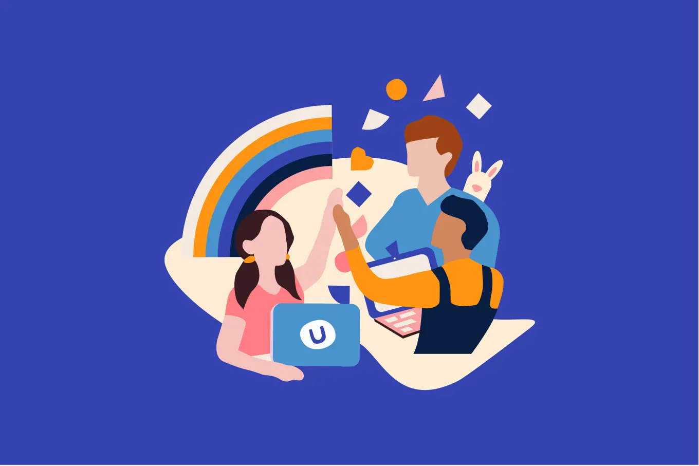 Graphic for the Coding pirates showing three children with a rainbow and the Umbraco bunny