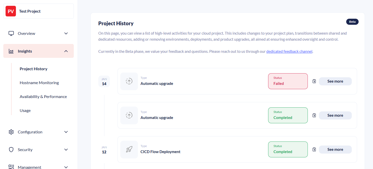 A "Project History" dashboard showing a timeline of high-level activities. Entries include "Automatic upgrade" and "CICD Flow Deployment," marked with "Completed" or "Failed" status badges.