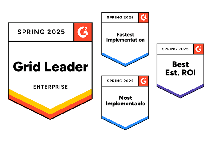 This image shows five G2 Fall 2024 badges highlighting accolades for an enterprise-level CMS. The badges include: "Best Usability Fall 2024" "Leader Enterprise Fall 2024" "Enterprise Leader EMEA Fall 2024" "Most Implementable Fall 2024" "Enterprise Leader Europe Fall 2024" Each badge emphasizes recognition of usability, implementation, and leadership in various regions, showcasing the software's prominence in enterprise content management.