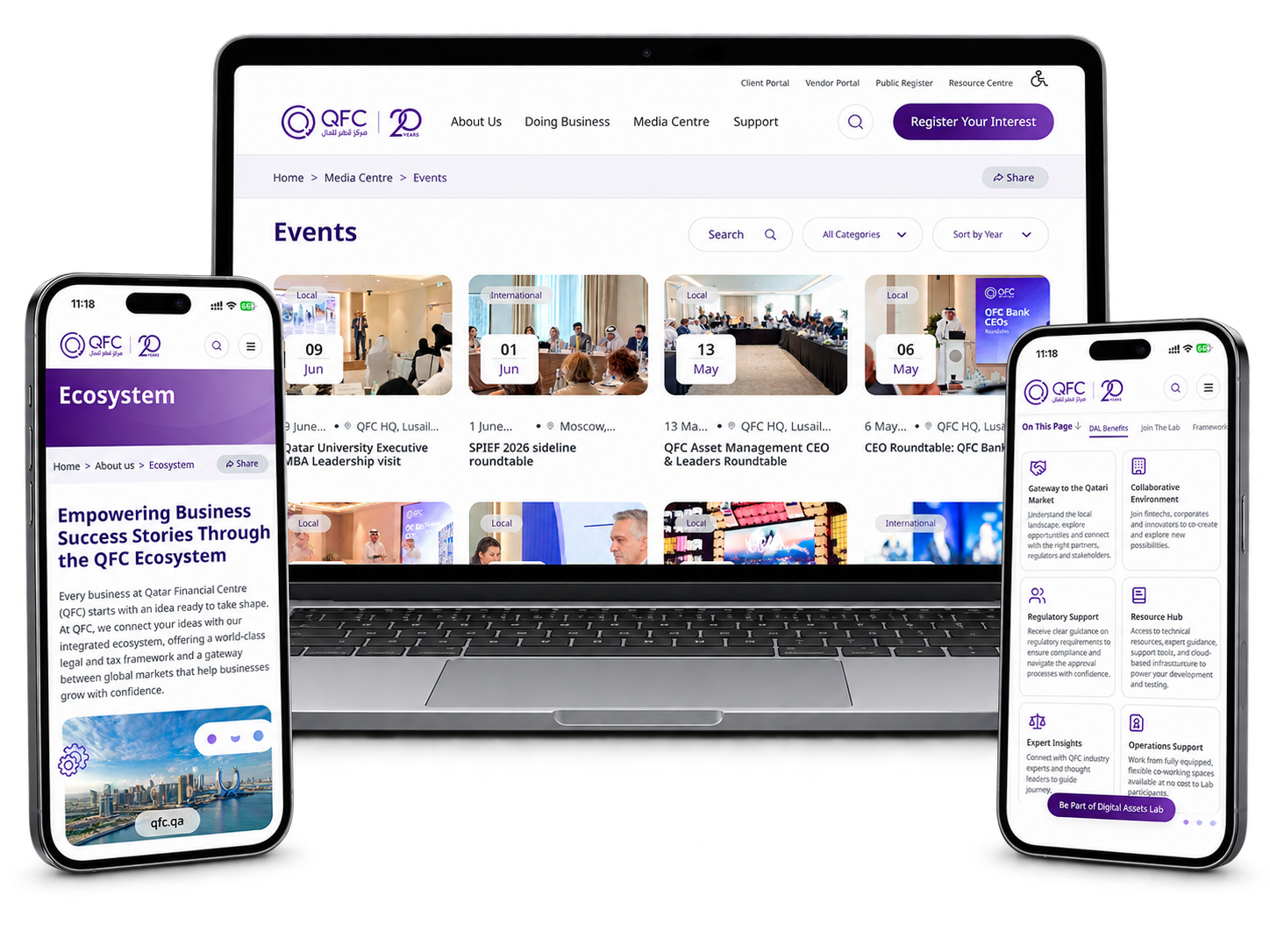 Laptop and smartphone mockups illustrating the QFC web platform's event listings grid, ecosystem overview page, and digital assets resource menu.