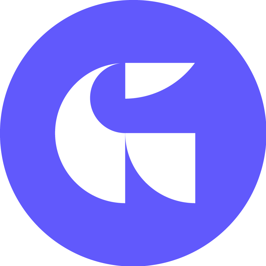 Blue circular icon with a white stylized letter “R” formed by geometric shapes