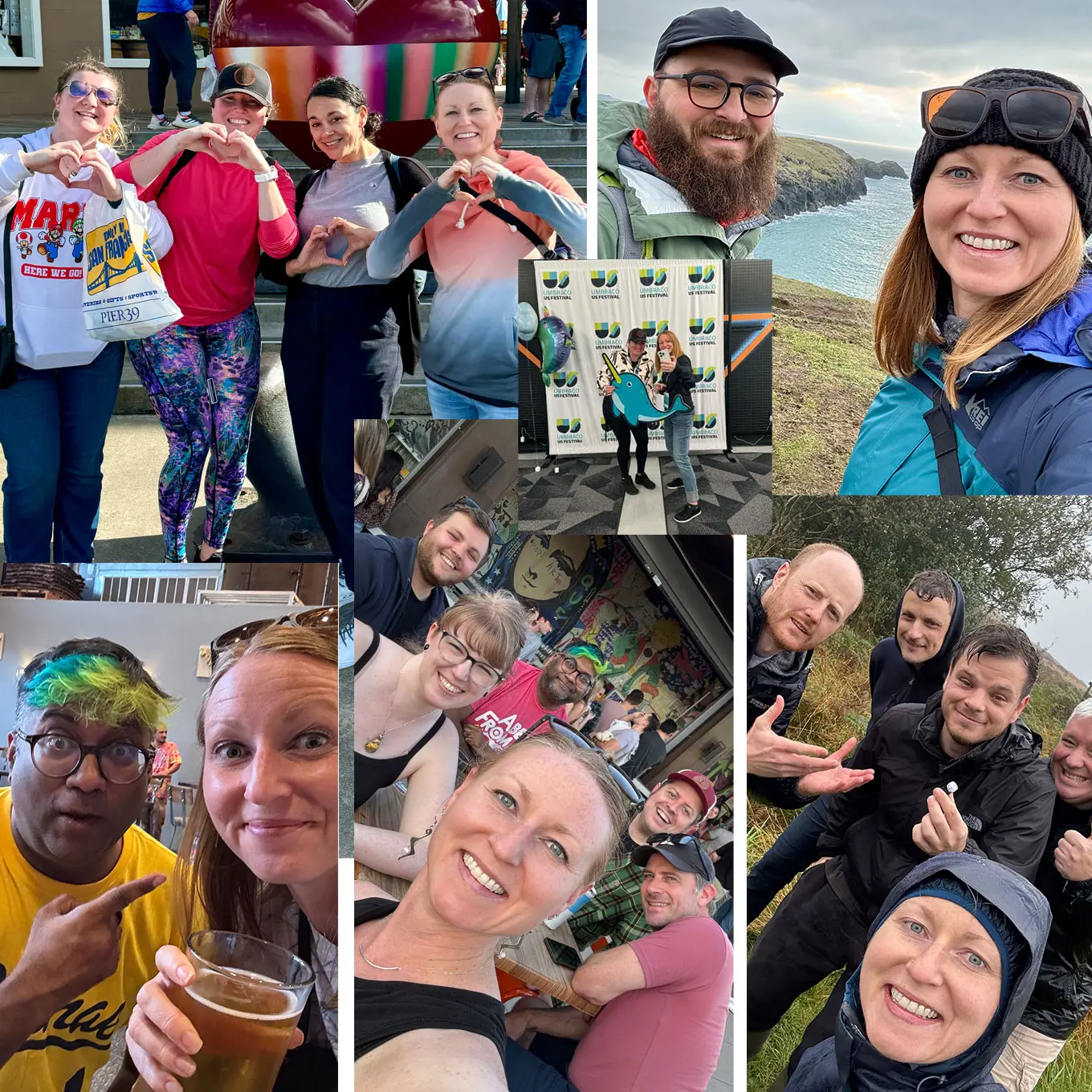 A photo collage of Erica Quessenberry with various people from the Umbraco Community, friendships with people from around the world