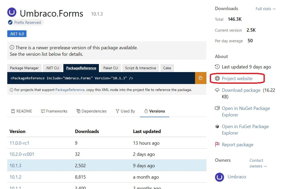 Screenshot of the Umbraco Forms package On Nuget with the project website link highlighted.