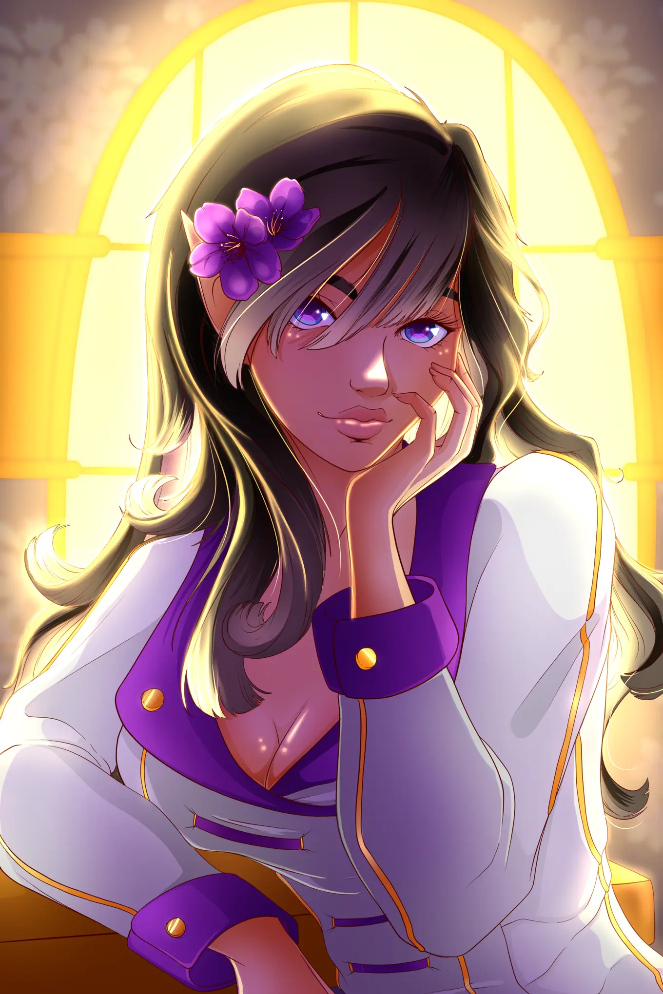 An animated character with long, flowing dark hair featuring a purple flower tucked behind the ear, gazes thoughtfully at the viewer. The character has vibrant purple eyes and is dressed in a white and purple outfit with gold accents. They rest their chin on one hand in a relaxed, confident pose. The background includes soft golden lighting from a large, arched window, giving the scene a warm and serene atmosphere.