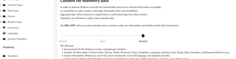 Screenshot Umbraco backoffice - specifically the consent settings in Telemetry data dashboard in the Settings section. The telemetry level is set to Detailed reporting.