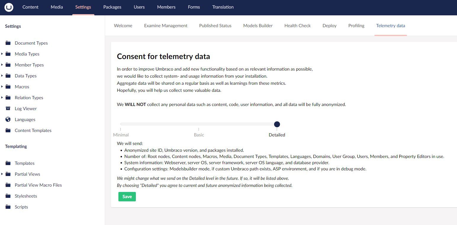 Umbraco 11 Telemetry Dashboard With Detailed Settings 1544X762