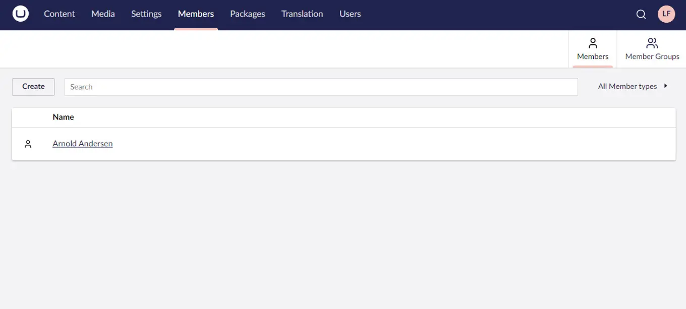 Screenshot of the updated Members section in the Umbraco 14 interface, displaying an empty list with a single entry titled 'Arnold Andersen' under the 'Name' column, with tabs for Members and Member Groups in the upper right.