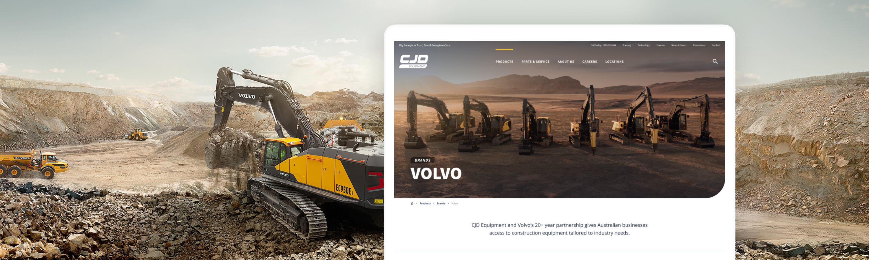 A wide composite image showing a yellow Volvo excavator working in a quarry alongside a laptop mockup displaying CJD Equipment's Volvo machinery showcase landing page.