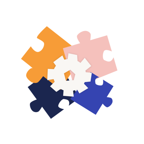 An illustration of four colorful puzzle pieces with a beig cogwheel in the center