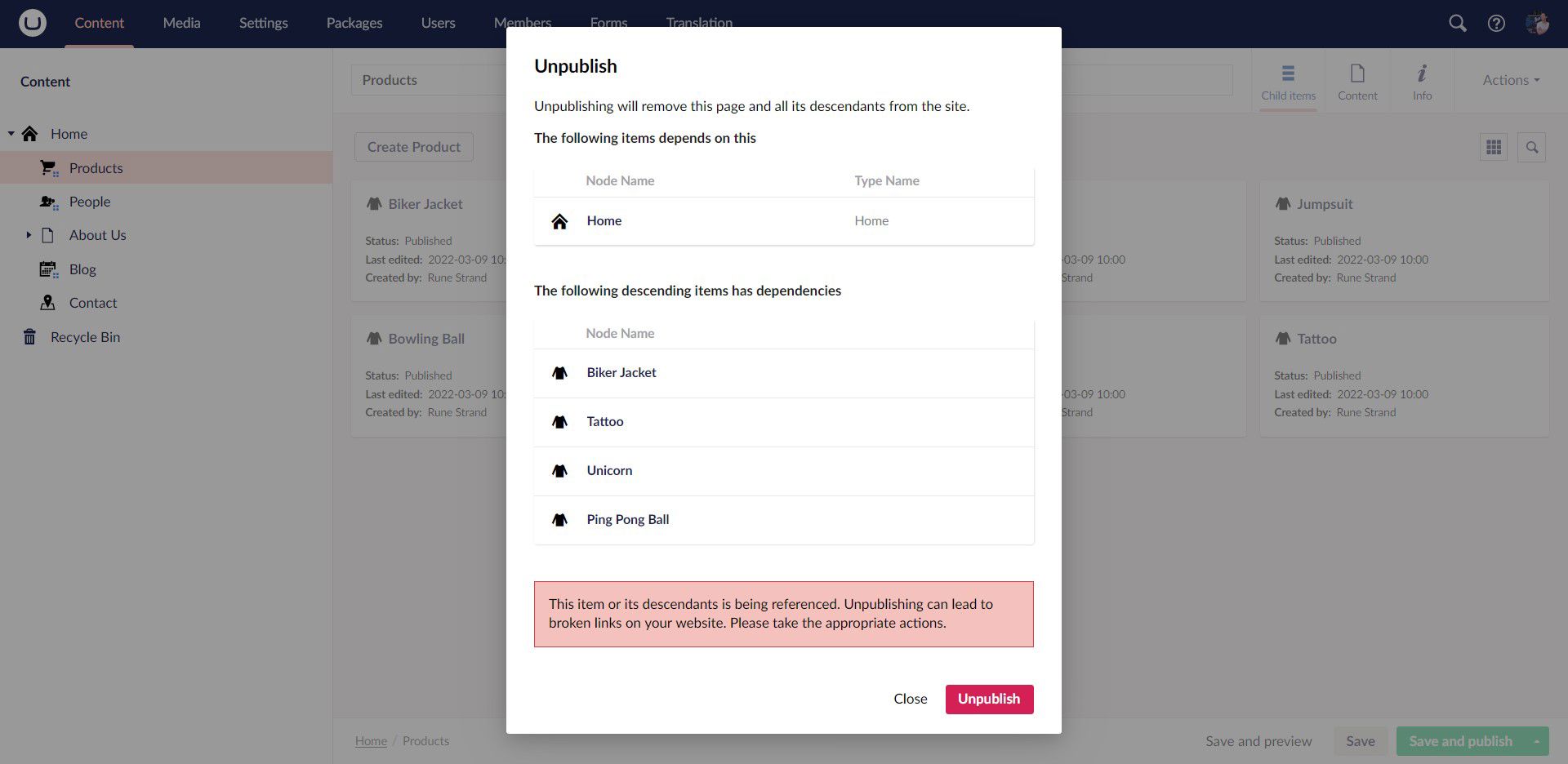 Umbraco 9.4 Item Tracking Unpublish Dialog