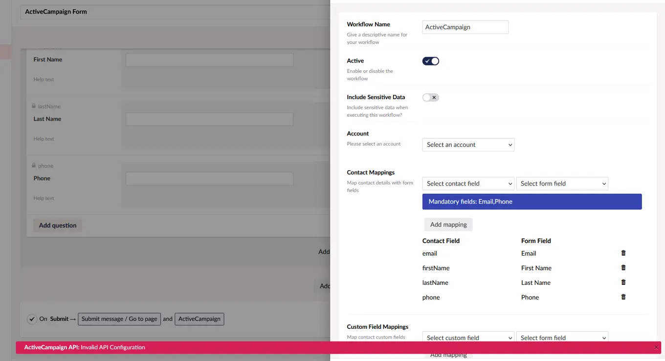 Screenshot: ActiveCampaign Invalid Configuration