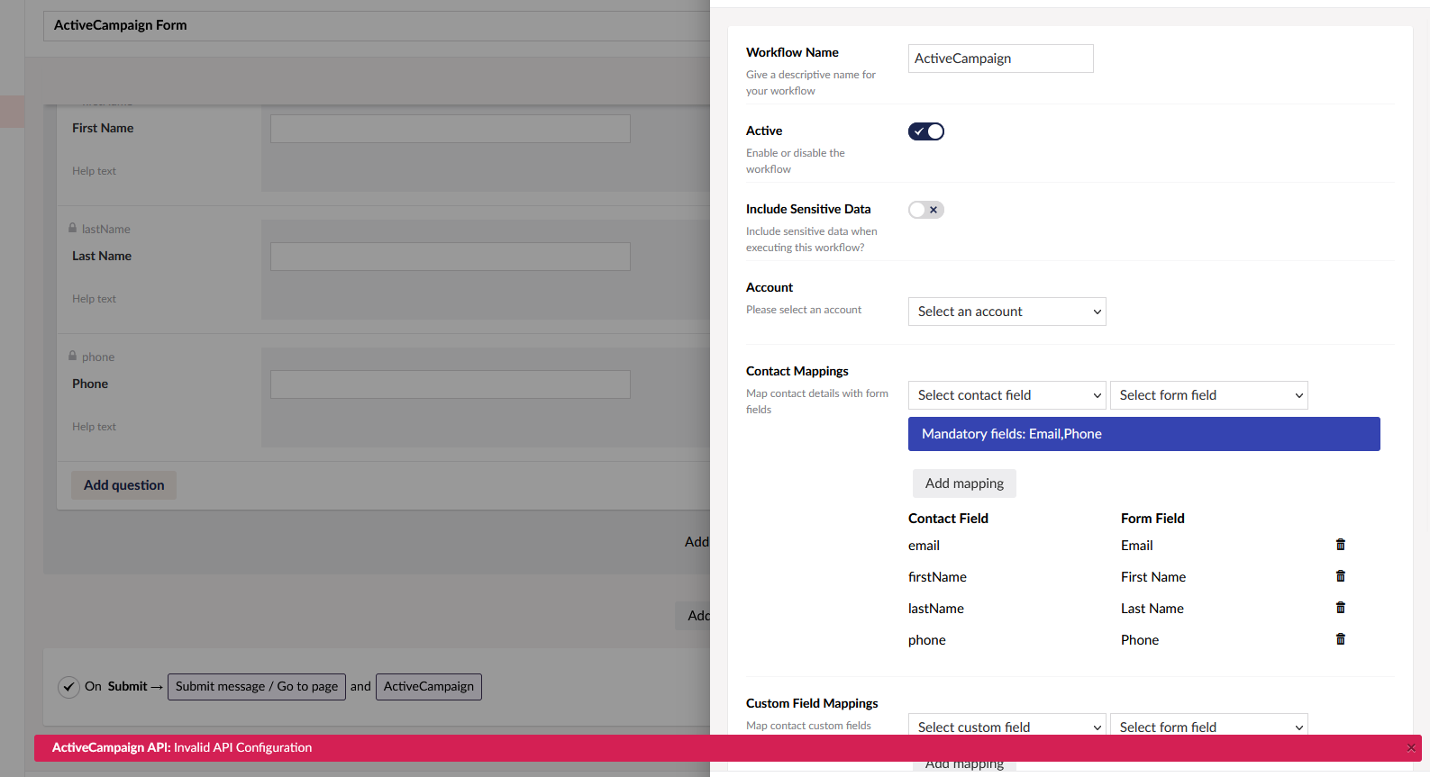 Active Campaign Invalid Configuration