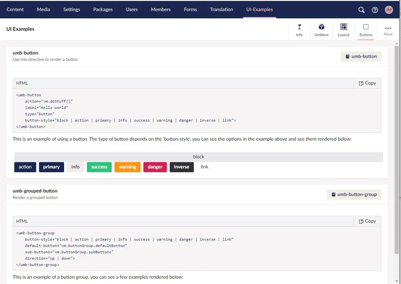 Screenshot of UI Examples package on the Umbraco backoffice