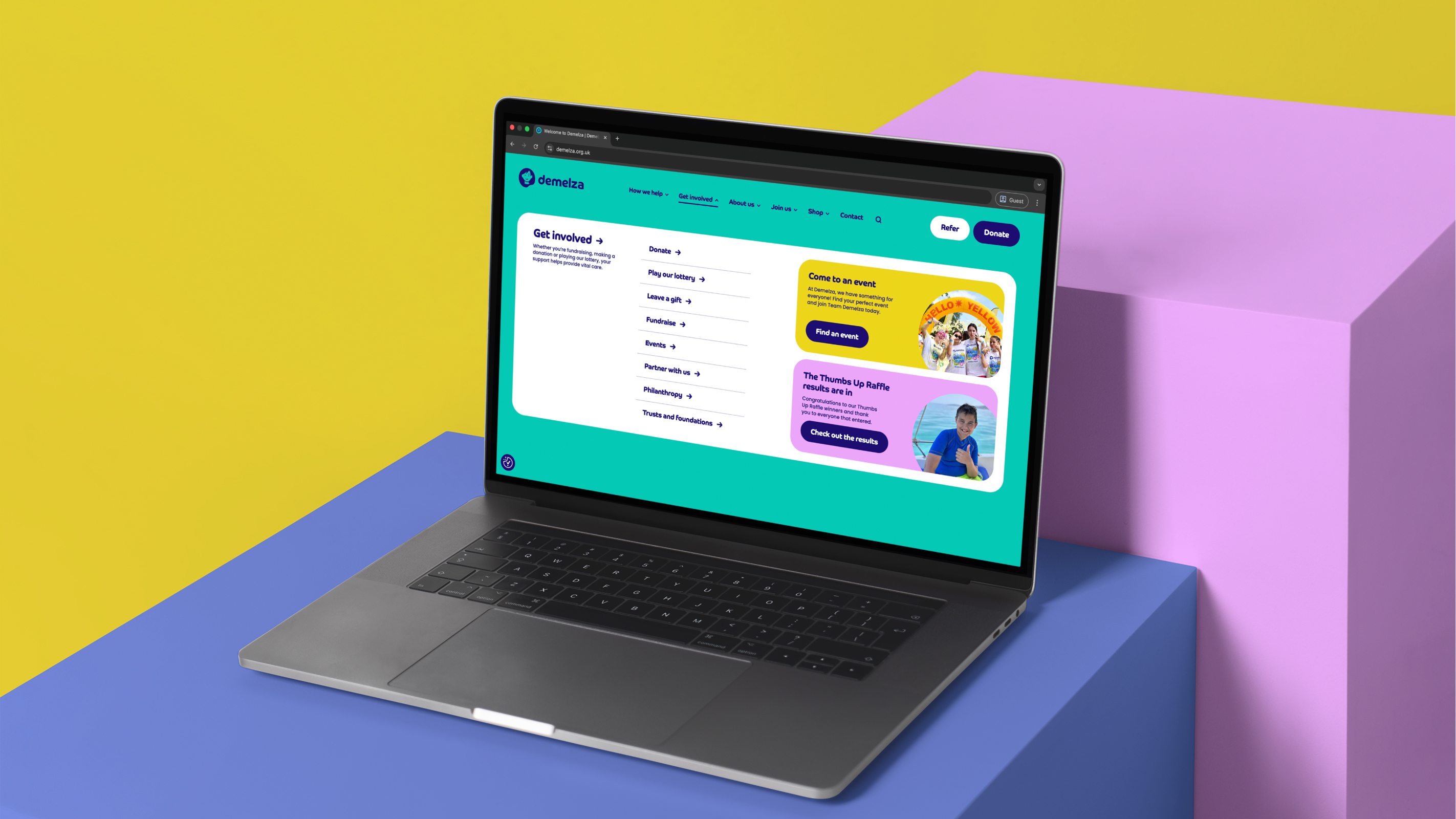 A laptop displaying the "Get involved" section of the Demelza website. It lists various ways to support the charity, such as playing the lottery, fundraising, and attending events, organized in a clean, accessible list.