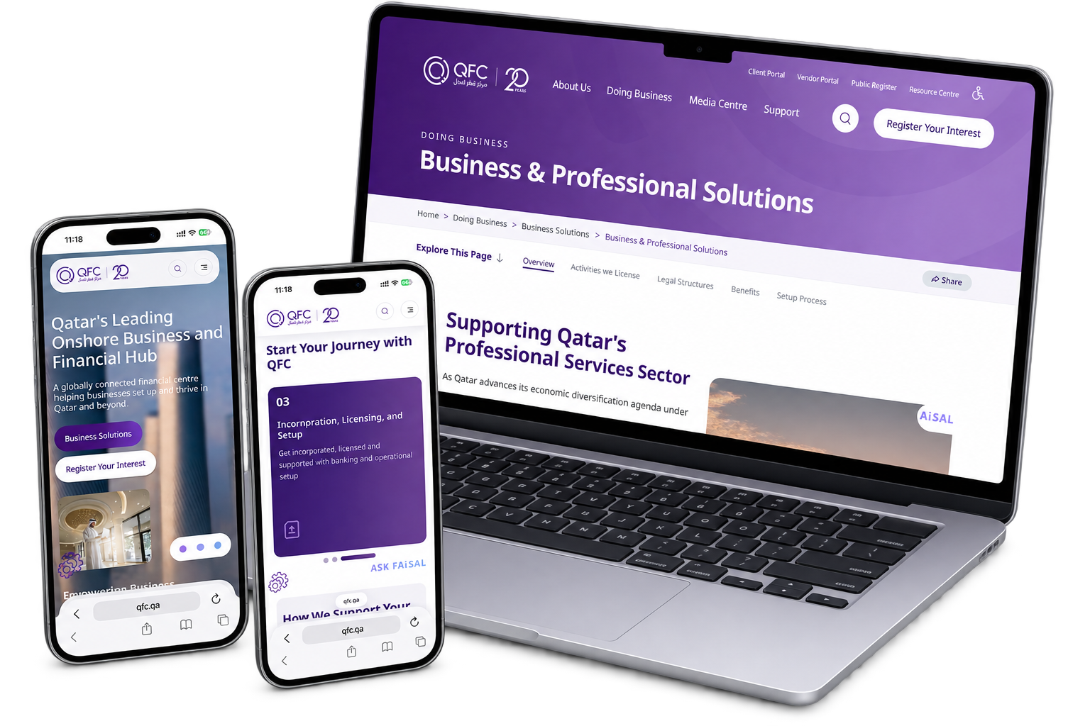 Laptop and smartphone device mockups displaying Qatar Financial Centre's "Business & Professional Solutions" landing page and step-by-step onboarding process.