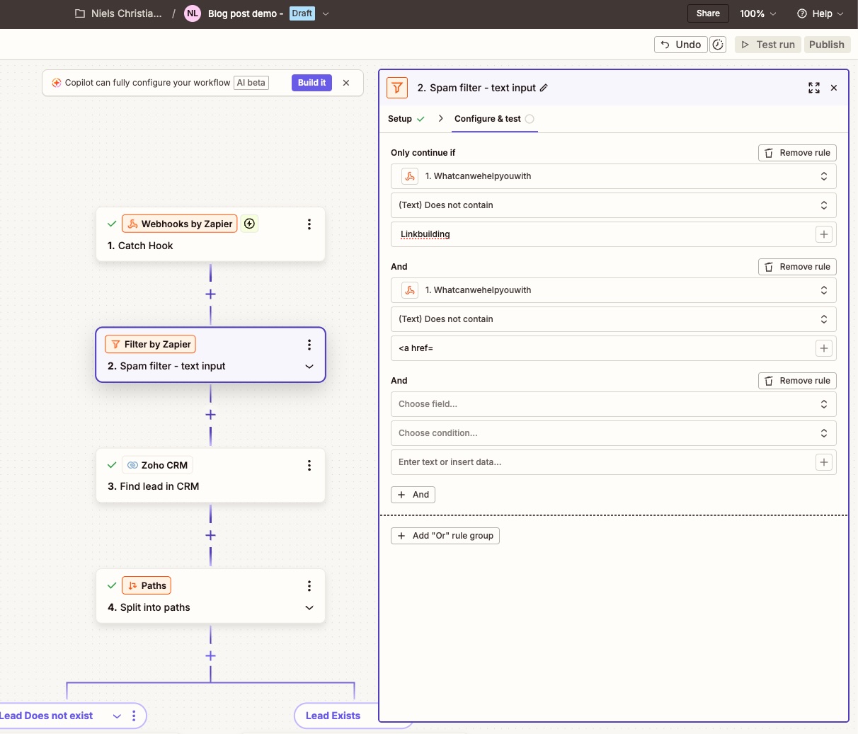 Zapier editor showing a Filter step that checks the form message field and blocks leads containing spam terms like “linkbuilding” or HTML tags