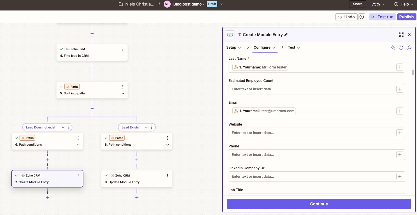 Zapier Paths branch showing a Zoho CRM “Create Module Entry” action where Umbraco form fields are mapped into a new lead record
