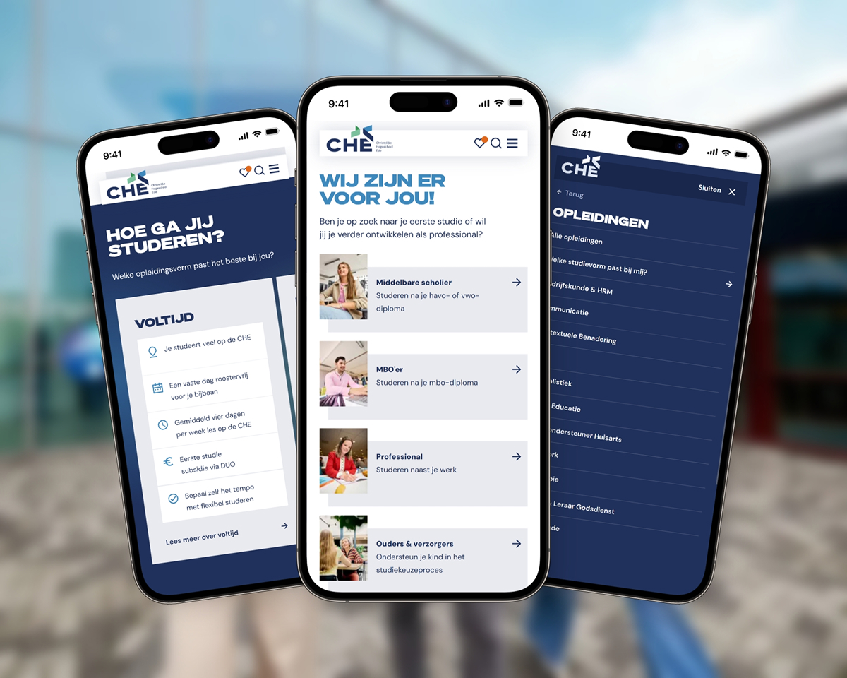 Mobile website design mockup for Christelijke Hogeschool Ede higher education study programs.