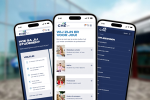 Three smartphones displaying CHE app pages about choosing the right education and study options.