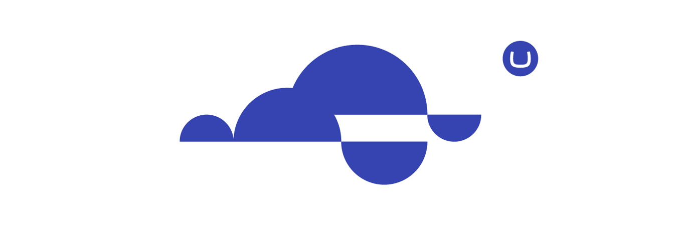 Artistic blue cloud on white background with small blue Umbraco logo