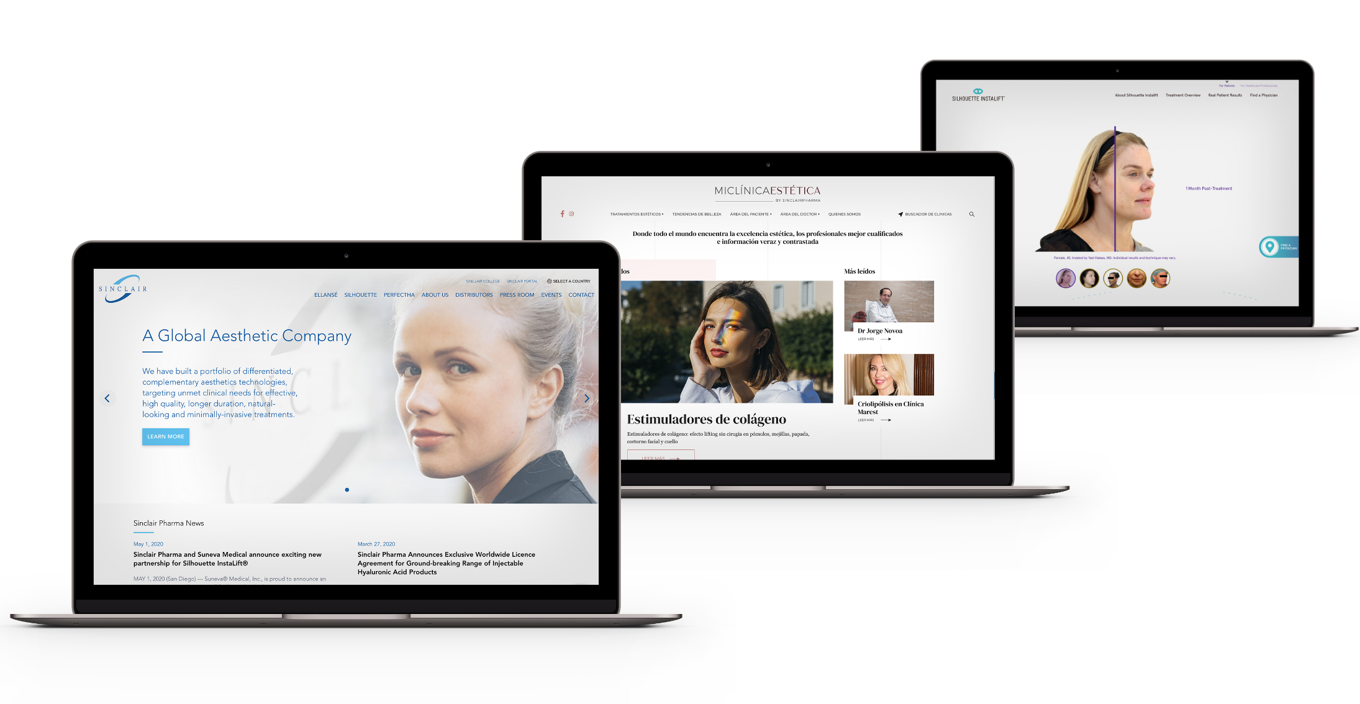 3 laptop screens showing the Sinclair Pharma website