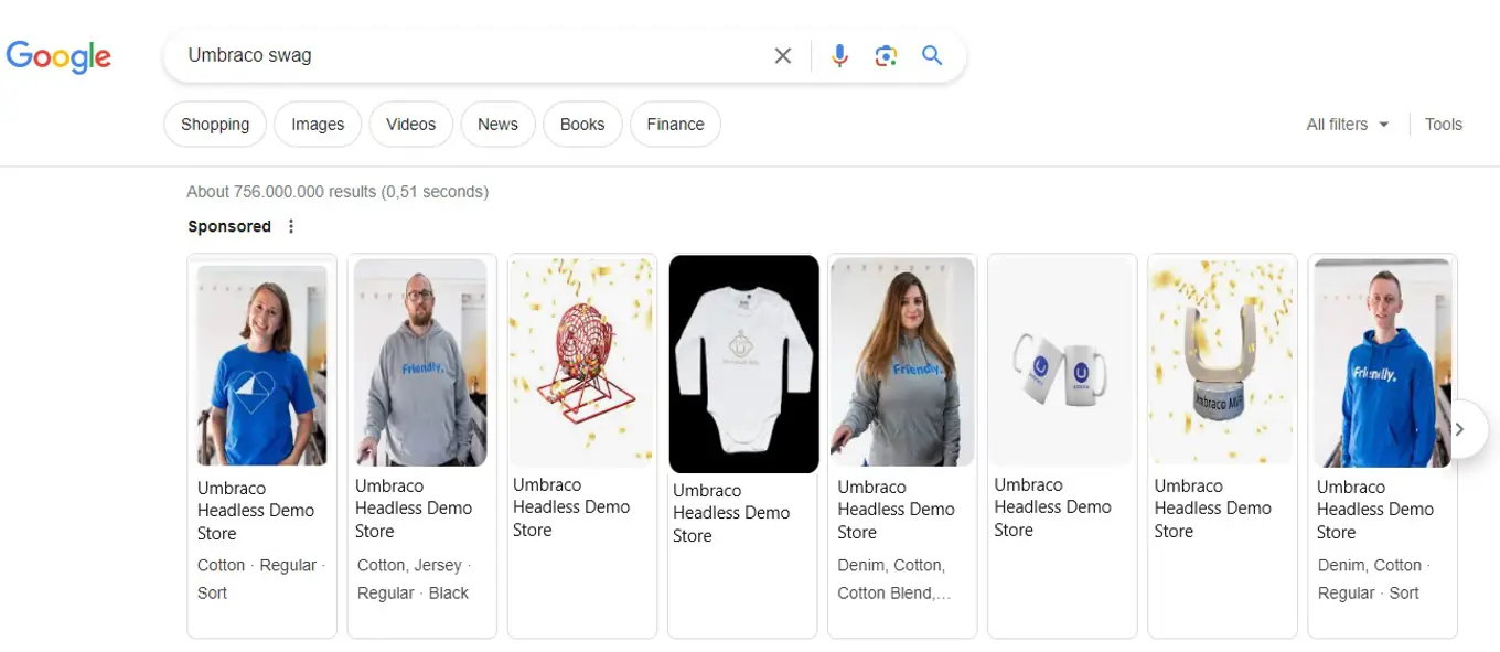 Screenshot of google view with products and details