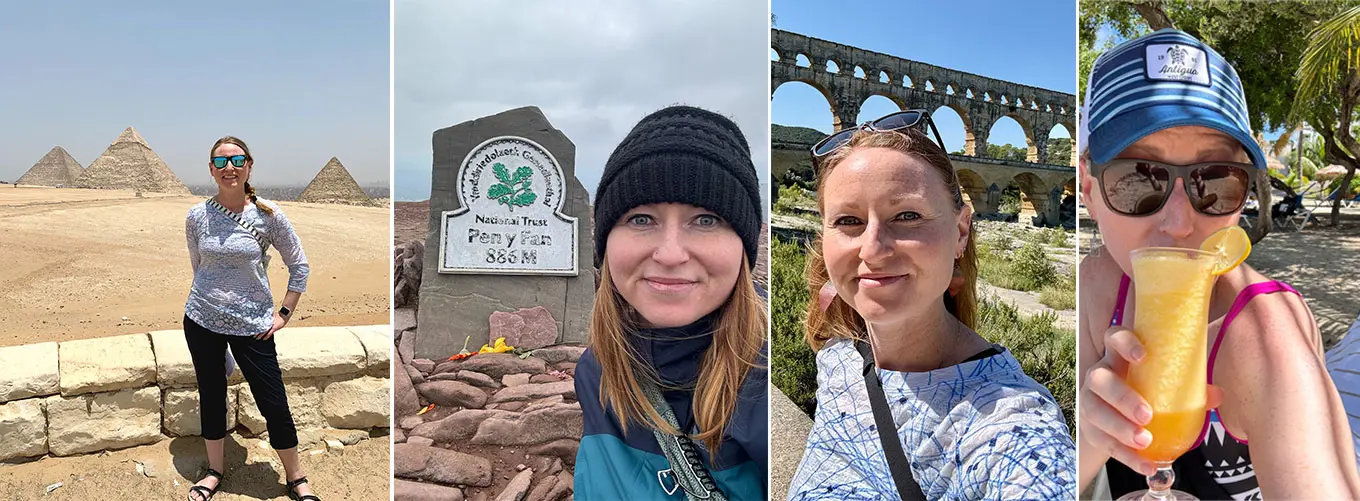 A photo collage of Erica Quessenberry visiting various locations around the world, during her travels. She is pictured in front of the Pyramids in Egypt, at the summit of Pen Y Fan in Wales UK, in front of Pont du Gard in France, sipping a fruity cocktail at the beach in Antigua