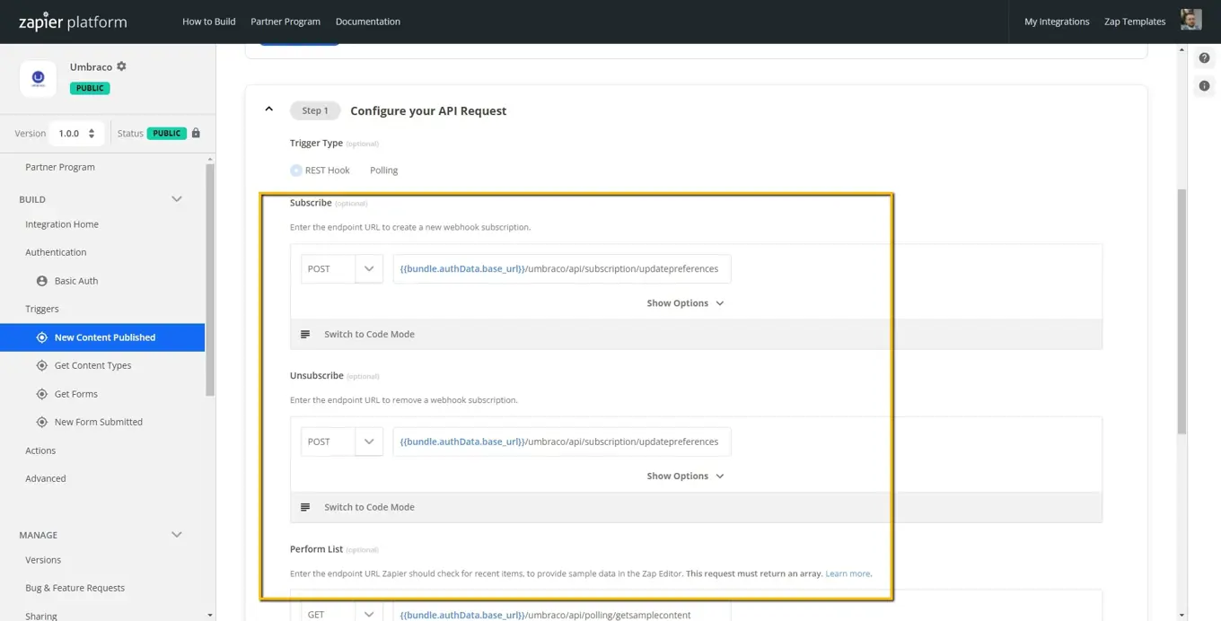 Screenshot: Configure your API request