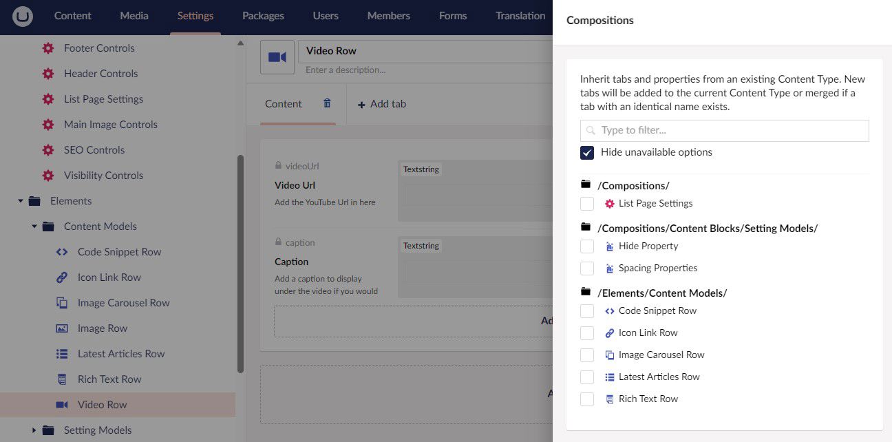 Umbraco 12.2 Hide Unavailable Compositions 1296X642px