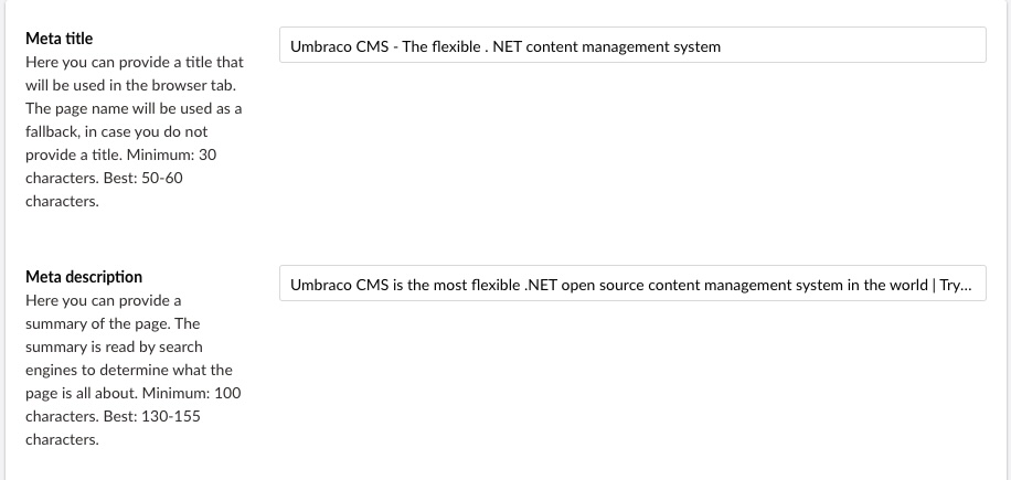 Screenshot of SEO settings with fields for Meta title and Meta description. The Meta title is set to ‘Umbraco CMS - The flexible .NET content management system’ and the description starts ‘Umbraco CMS is the most flexible .NET open source content management system…