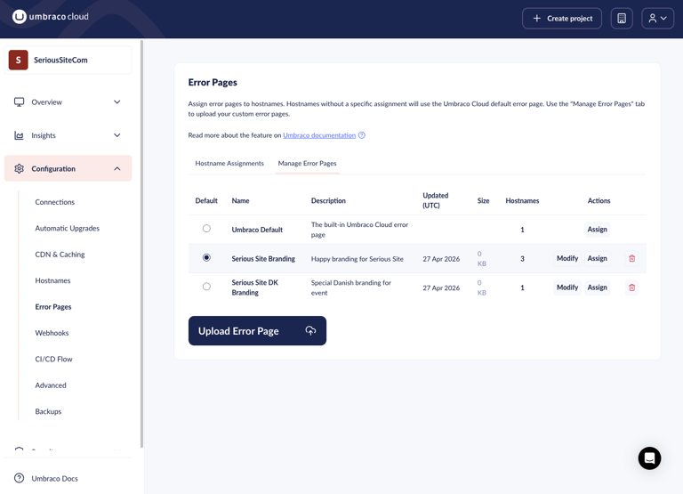 A screenshot of the Umbraco Cloud web management interface showing the "Error Pages" configuration dashboard. The dashboard lists several custom and default error page options with configuration details and action buttons.