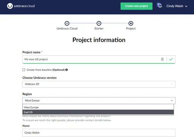 A screenshot from the Cloud Portal shows where you can choose the US region when creating a new Cloud project.