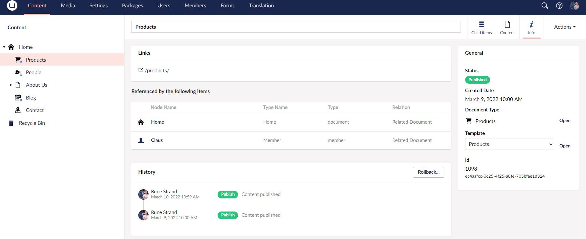 Umbraco 9.4 Item Tracking Info App