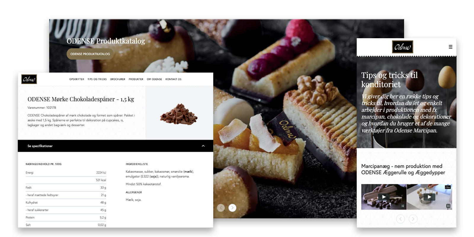 A collage featuring the Odense product catalog, including dark chocolate shavings, professional pastry tips, and detailed nutritional information.