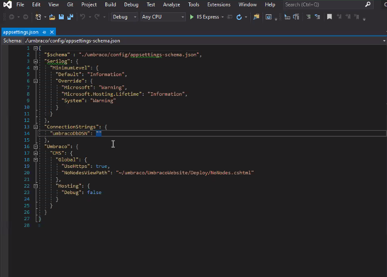Umbraco 9 Screenshot Appsettings.Json config file