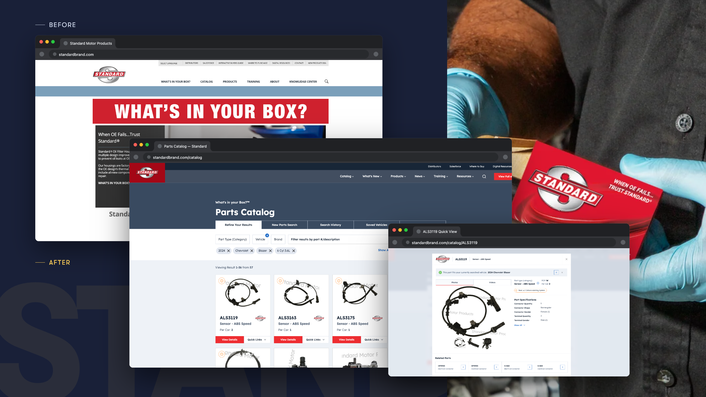 Before-and-after graphic showing Standardbrand parts catalog search screens over a mechanic with “STANDARD” packaging