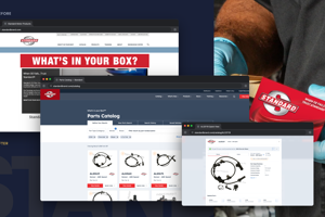 Before-and-after graphic showing Standardbrand parts catalog search screens over a mechanic with “STANDARD” packaging