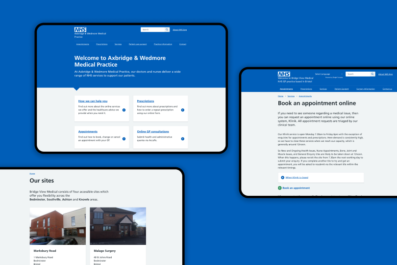 A composite graphic of the Axbridge & Wedmore and Bridge View Medical websites. It shows the homepage, an online appointment booking guide, and the "Our sites" page featuring photos of the Marksbury Road and Malago Surgery buildings in Bristol.