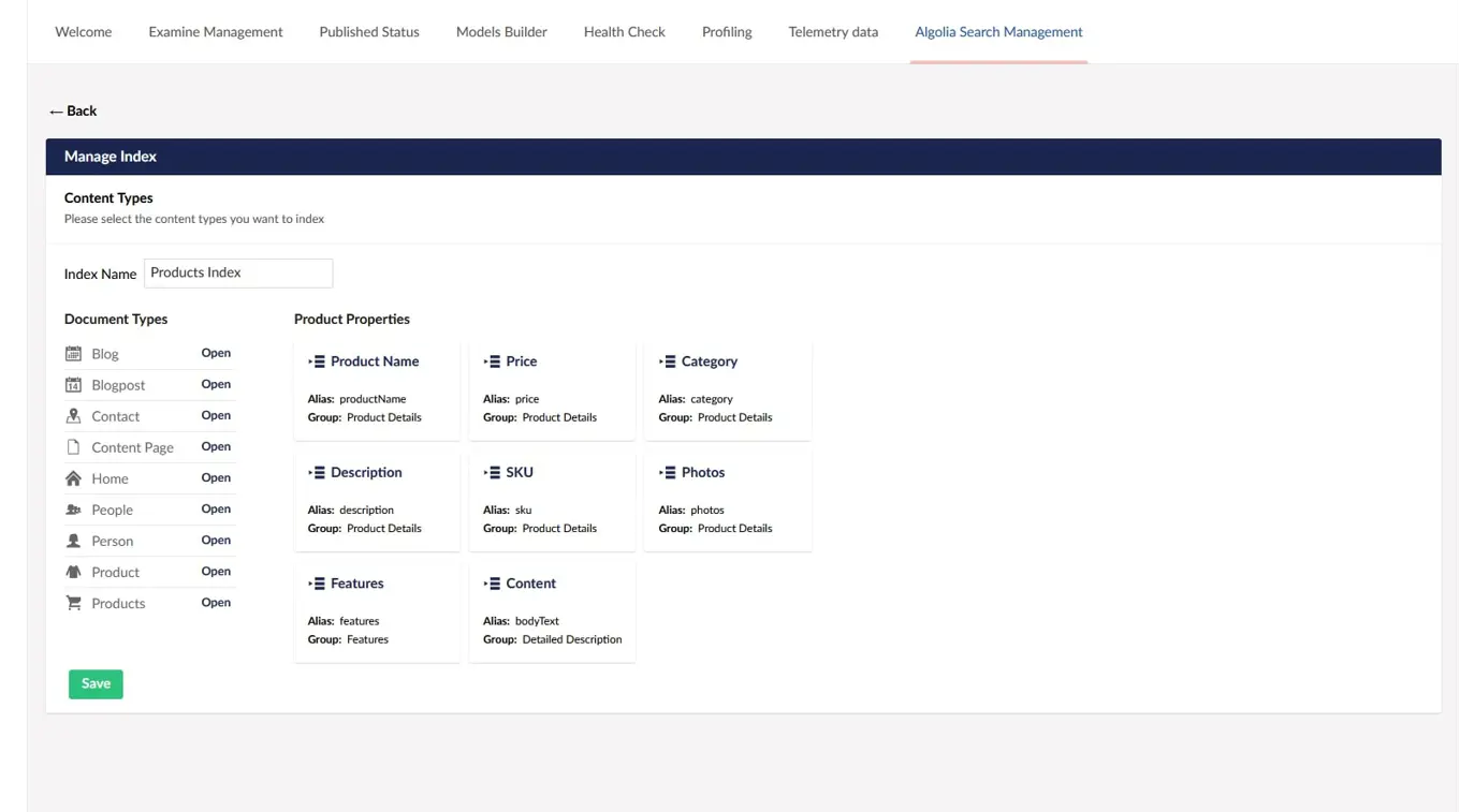 Screenshot: Example of manage indices built with current backoffice API
