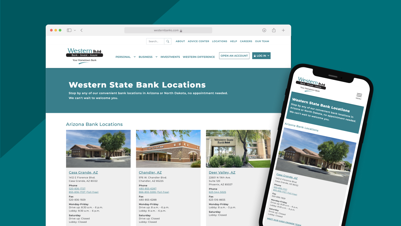 Western State Bank Locations web page with three Arizona branch cards and a phone preview showing Casa Grande details