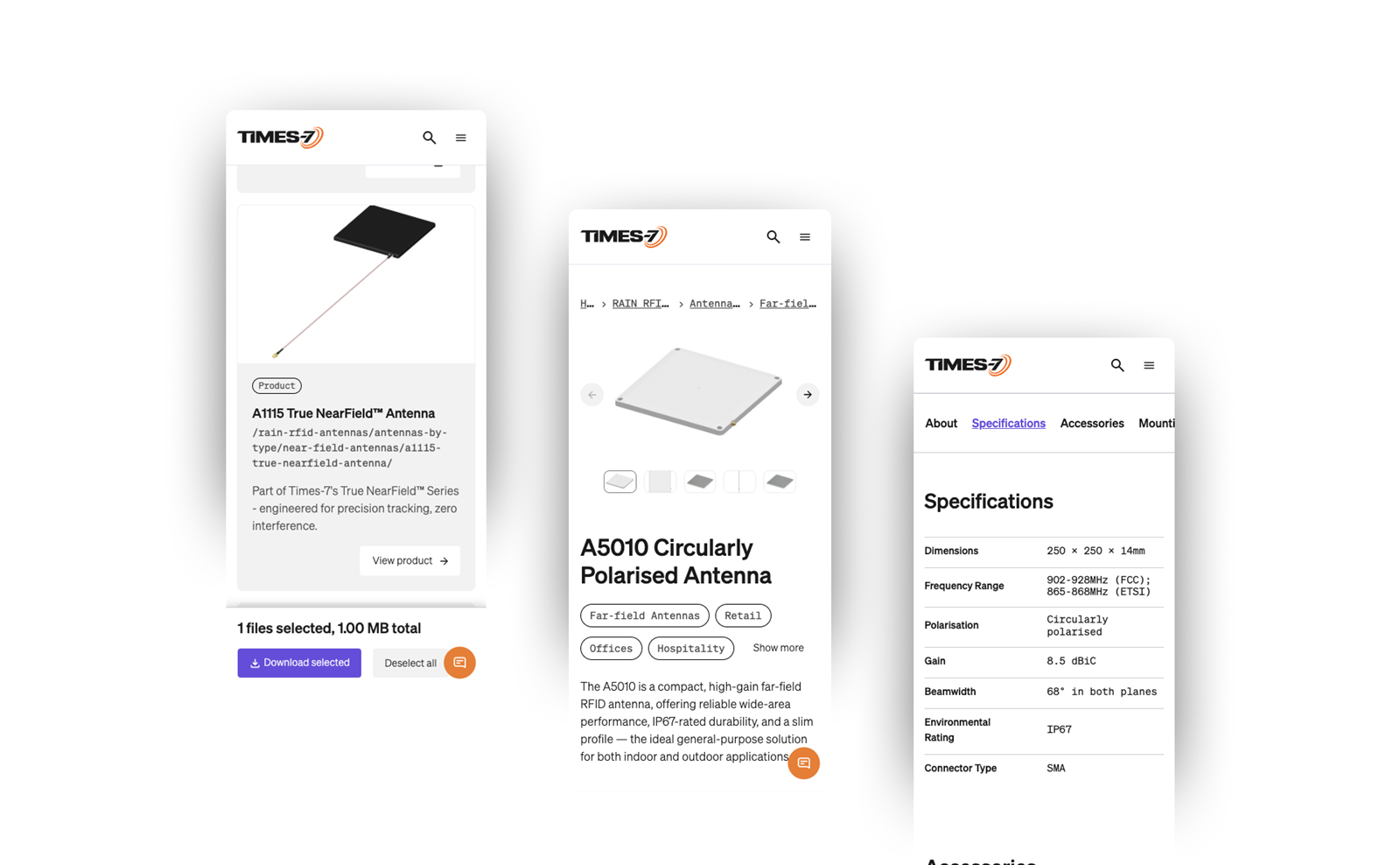 Three mobile smartphone screens displaying Times-7 antenna product details, images, and a clean technical specifications table.