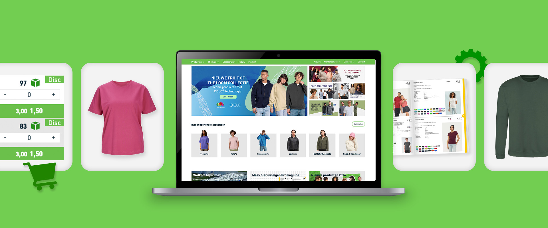 A laptop in the center showing the Primex clothing catalog, surrounded by floating cards for product categories and pricing information on a bright green background.