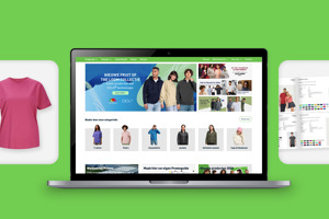 A laptop in the center showing the Primex clothing catalog, surrounded by floating cards for product categories and pricing information on a bright green background.