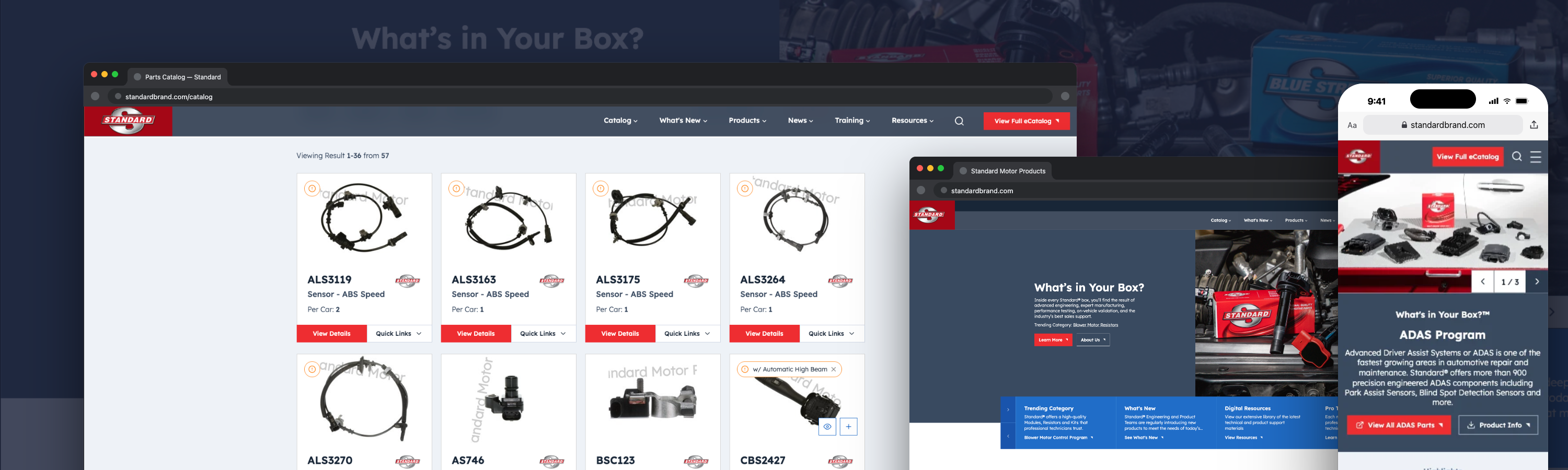 Webpage showing automotive parts catalog grid with sensor product cards and “What’s in Your Box?” sections, plus phone mockup.