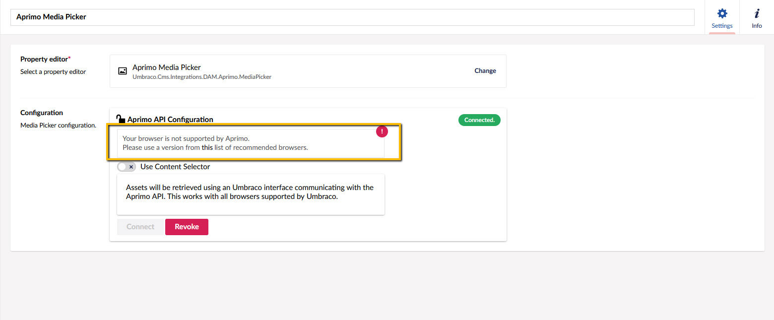 Aprimo Media Picker For Umbraco Data Type Configuration Unsupported Browser 1560X645px