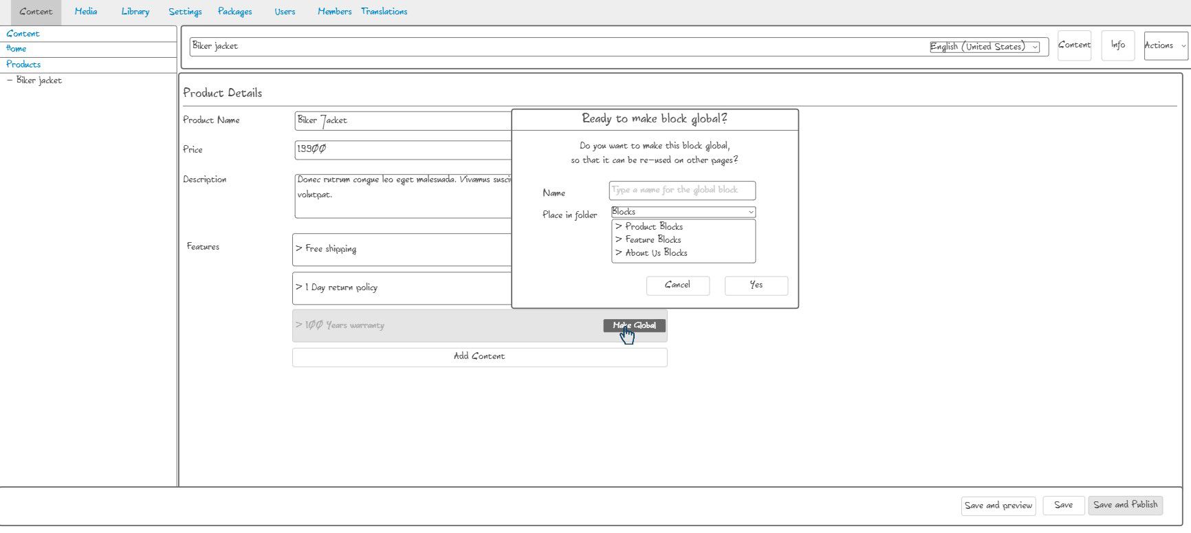 Umbraco CMS Make Global Block Mockup