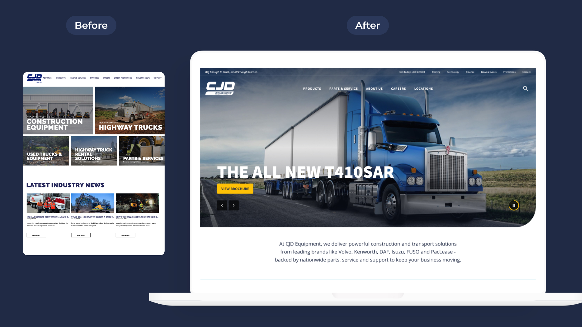 A side-by-side "Before" and "After" homepage comparison showing CJD Equipment's transition from a tiled layout to a modern hero banner featuring a blue Kenworth T410SAR highway truck on a laptop display.