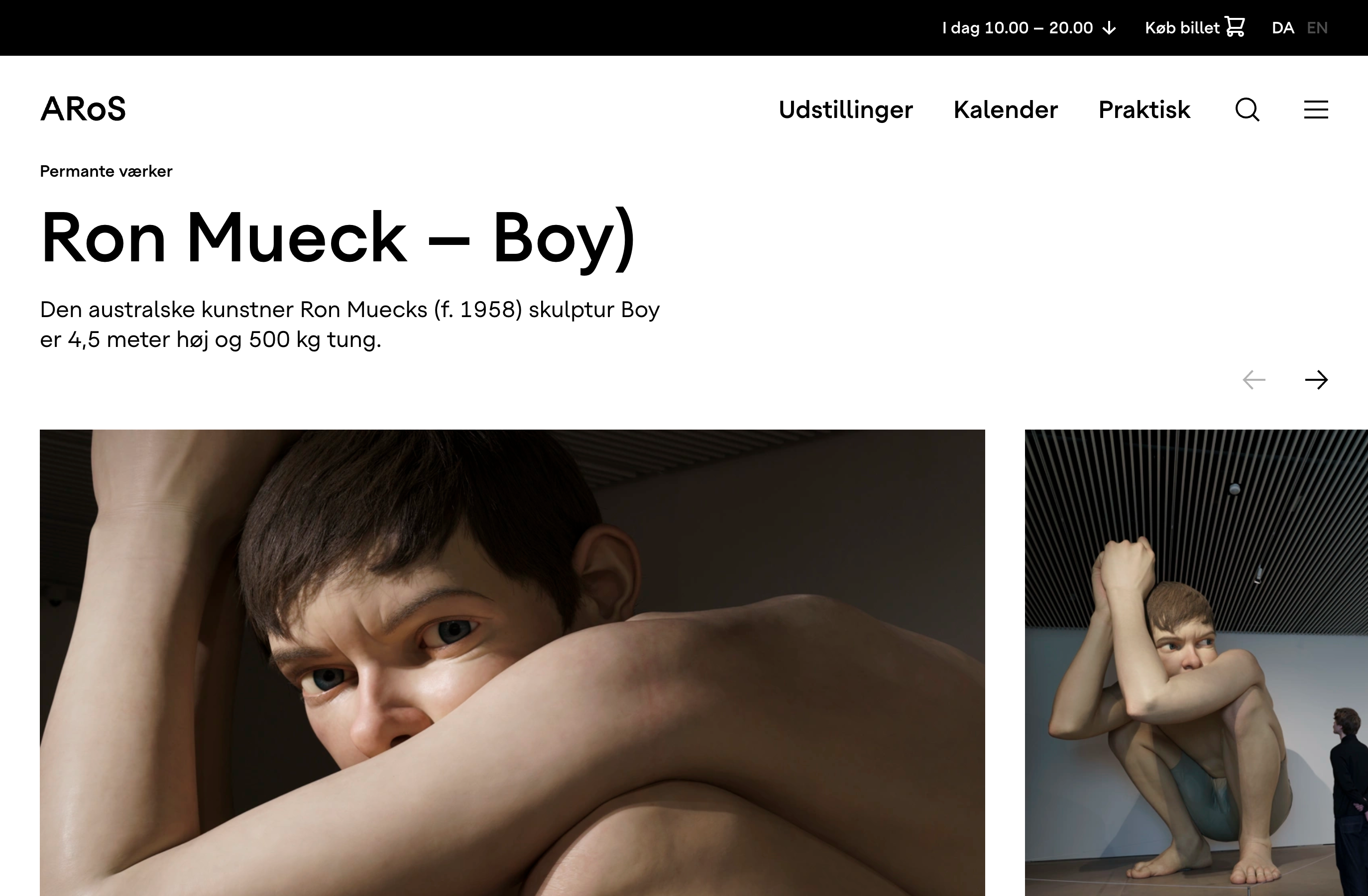 ARoS website page for Ron Mueck's sculpture Boy, with a close-up of the giant crouching boy's face and a second photo showing a visitor dwarfed beside the sculpture.