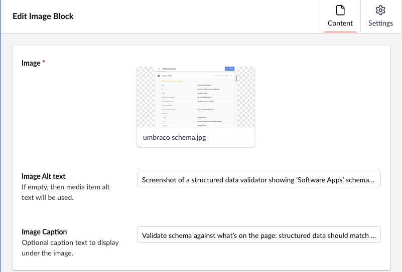 Screenshot of Umbraco’s ‘Edit Image Block’ panel showing an image preview (umbraco schema.jpg) and fields for Image Alt text and Image Caption, filled with example text for a structured data validator screenshot.