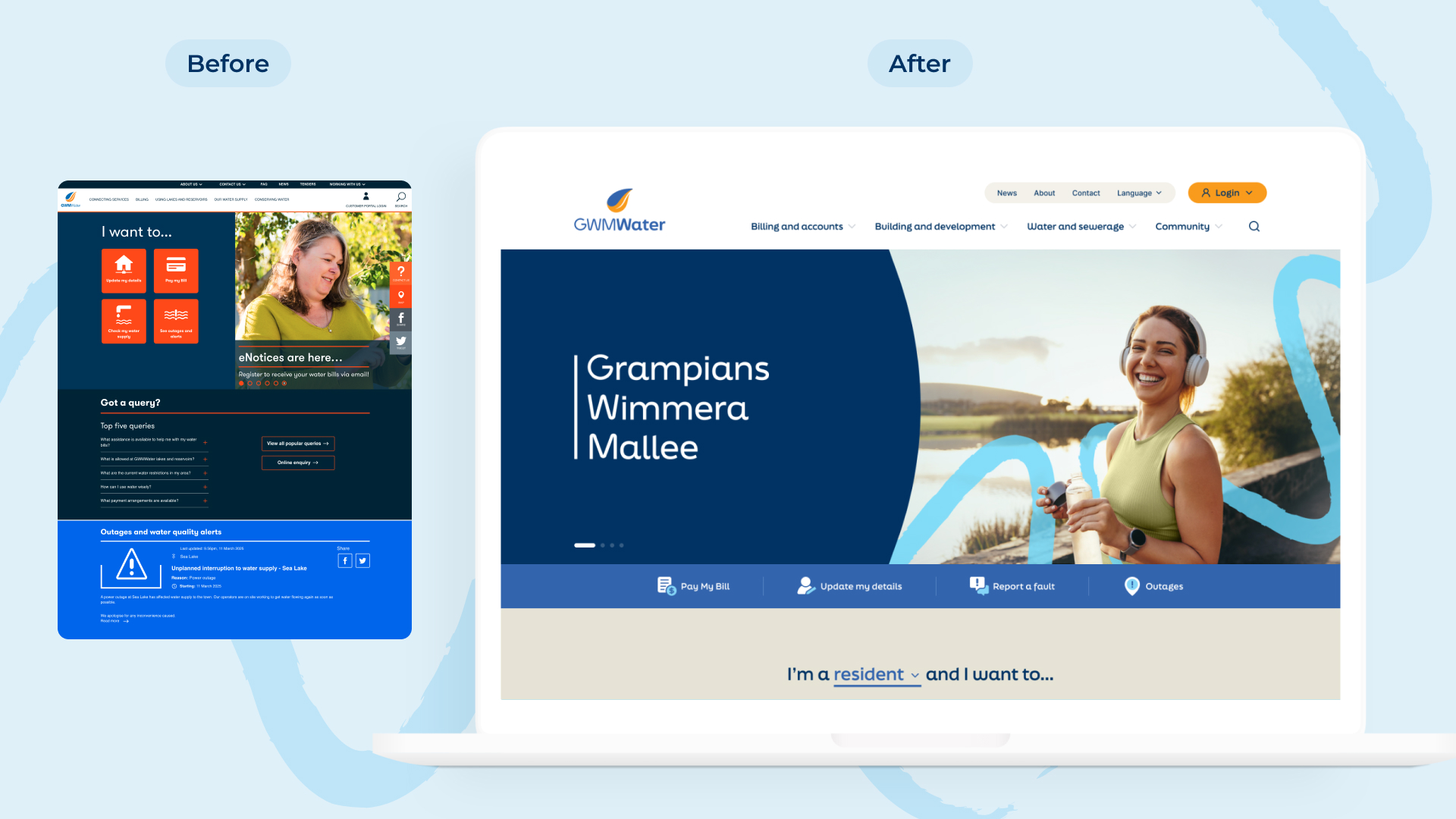 A side-by-side "Before" and "After" homepage comparison showing GWMWater's redesign from a dense legacy portal to a modern, accessible interface on a laptop.